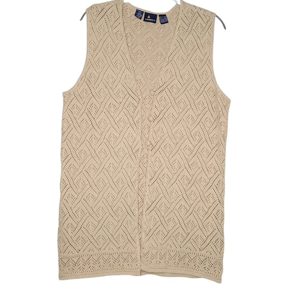 Vintage 80s LizSport Knit Cardigan Sweater Vest Metallic Gold Shimmer Size Large
